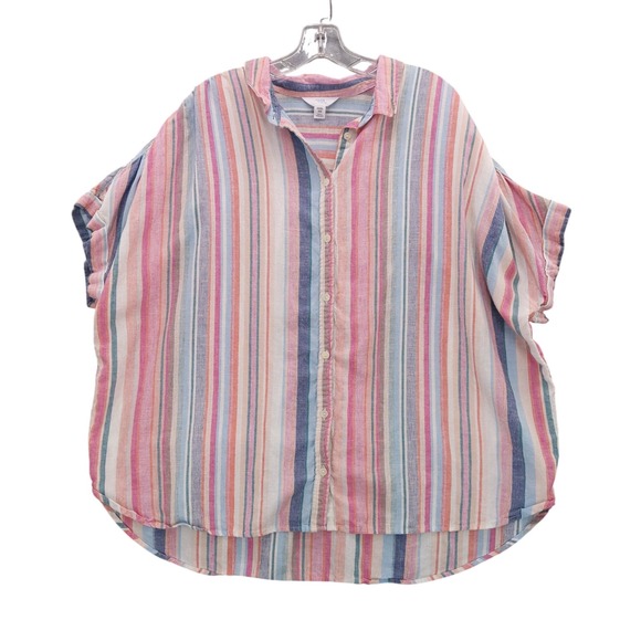 Time and Tru Striped Button‎ Down Top Short Sleeve Linen Blend XXXL 22 - Picture 1 of 10